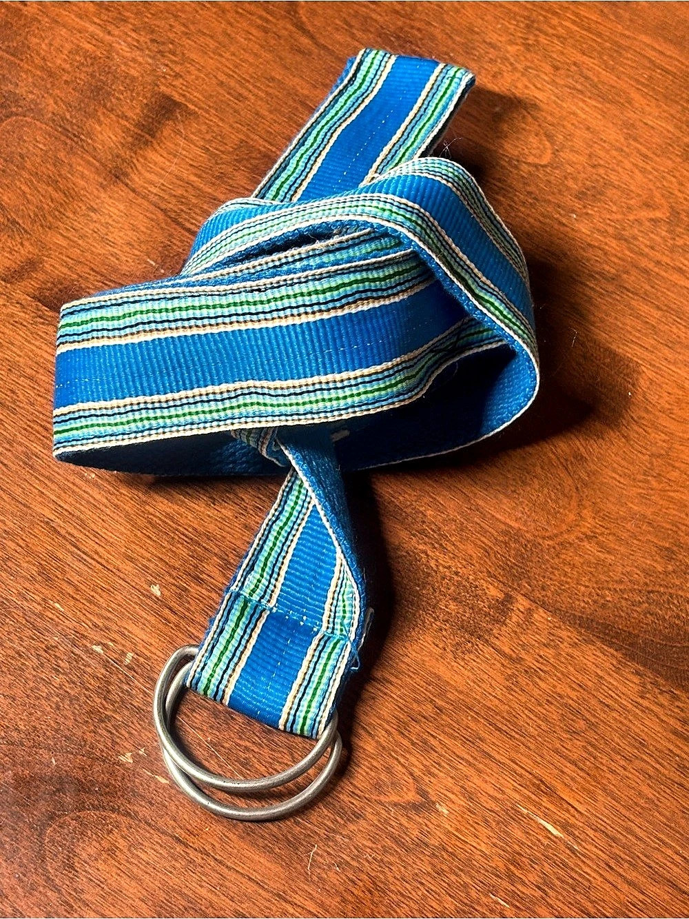 Striped D-Ring Belt in Blue & Green Size Medium